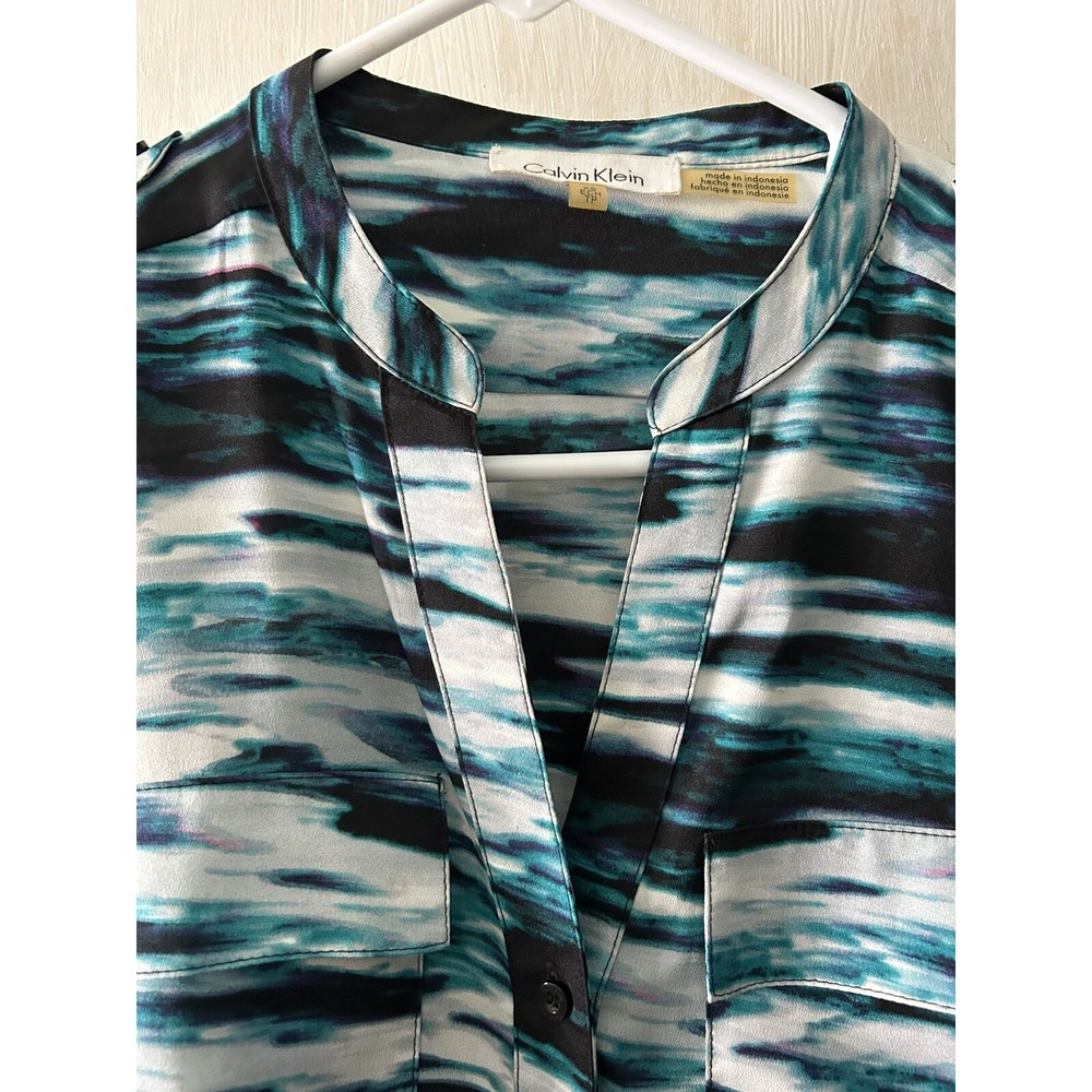 Calvin Klein V Neck Long Sleeve Button Up Blouse Blue Black White XS/ECH/TP - Picture 2 of 6